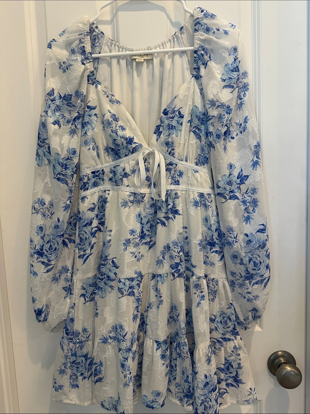 Girls White Dress with Blue Floral Print and Tie-Front
